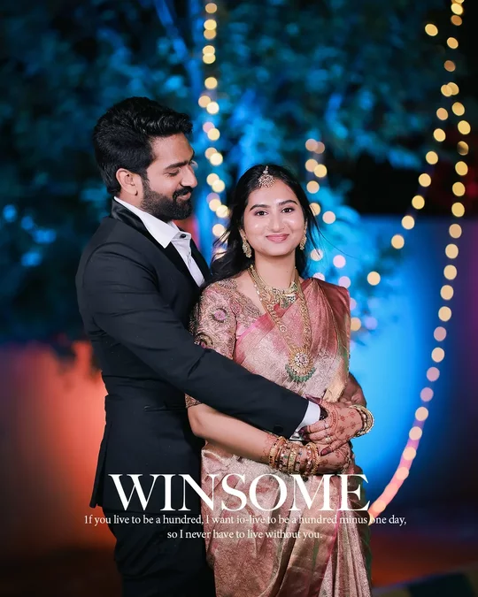 Couple reception portrait with bokeh lights by Allwin Raj photography
