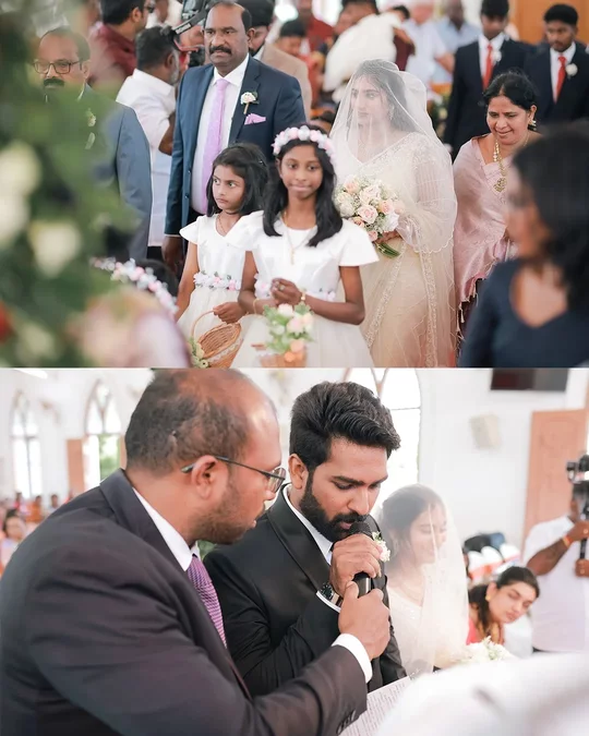 Candid bride entering church with flower girls