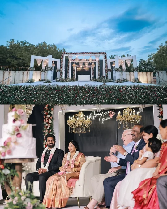 Wedding reception stage decor and couple seated on stage
