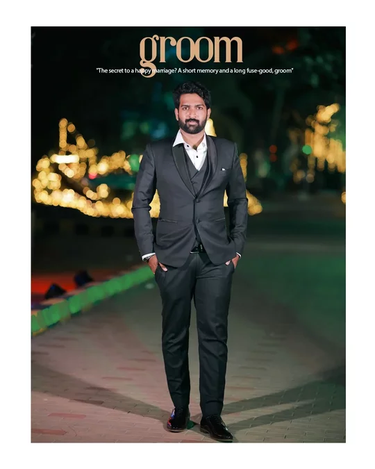 Magazine-style groom portrait at night